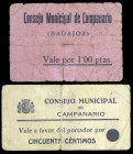 Campanario (Badajoz). Consejo Municipal. 50 céntimos y 1 peseta. (KG. 217 y falta) (RGH. 1448 y 1452). 2 cartones. Muy raros. BC/BC+.