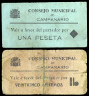Campanario (Badajoz). Consejo Municipal. 25 céntimos y 1 peseta. (KG. 217) (RGH. 1450 y 1453). 2 cartones, uno roto y pegado en la época. Muy raros. B...