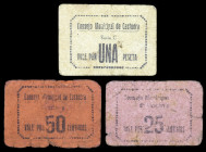 Castuera (Badajoz). Consejo Municipal. 25, 50 céntimos y 1 peseta. (KG. 270 y falta) (RGH. 1834 a 1836). 3 cartones, serie completa. Muy raros. BC-/BC...