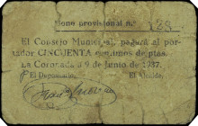 La Coronada (Badajoz). Bono Provisional. 50 céntimos. (KG. 288) (RGH. 2037 sin imagen ni precio). Cartón nº 128. Roturas. Rarísimo. BC-.
