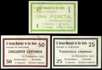 Don Benito (Badajoz). Consejo Municipal. 25, 50 céntimos y 1 peseta. (KG. 320) (RGH. 2238 a 2240). 3 billetes. Raros. MBC-/EBC-.