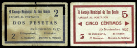 Don Benito (Badajoz). Consejo Municipal. 5 céntimos y 2 pesetas. (KG. 320) (RGH. 2236 y 2241). 2 billetes. Raros. BC-/MBC+.