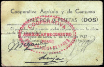Esparragosa de Lares (Badajoz). Cooperativa Agrícola y de Consumo. 2 pesetas. (KG. 333) (RGH. 2332). Cartón. Muy raro. BC+.