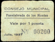 Fuenlabrada de los Montes (Badajoz). Consejo Municipal. 1 peseta. (KG. 367) (RGH. 2541). Cartón nº 00200. Raro. MBC-.