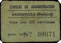 Garbayuela (Badajoz). Consejo de Administración. 25 céntimos. (KG. 380) (RGH. 2612). Julio. Cartón nº 00071. Tampón Sociedad Obrera "El Despertar". U....