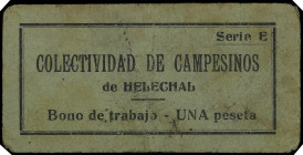 Helechal (Badajoz). Colectividad de Campesinos. Bono de Trabajo. 1 peseta. (KG. 404) (RGH. 2808). Cartón. Muy raro. MBC-.
