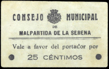 Malpartida de la Serena (Badajoz). Consejo Municipal. 25 céntimos. (KG. 471) (RGH. 3321). Cartón. Raro. MBC+.