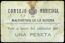 Malpartida de la Serena (Badajoz). Consejo Municipal. 1 peseta. (KG. 471) (RGH. 3323). Cartón. Raro. MBC-.