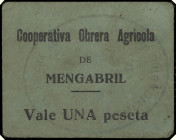 Mengabril (Badajoz). Cooperativa Obrera Agrícola. 1 peseta. (KG. falta) (RGH. 3486 var). Cartón. Tampón del Consejo Municipal en azul. Raro. MBC.