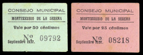 Monterrubio de la Serena (Badajoz). Consejo Municipal. 25 y 50 céntimos. (KG. 506) (RGH. 3646 y 3647). 2 cartones. Raros y más así. EBC-/EBC.