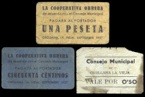 Orellana la Vieja (Badajoz). 50 céntimos (dos) y 1 peseta. (KG. B554 y falta) (RGH. 3971 sin imagen, 3974 y 3975). Un billete del Consejo Municipal y ...