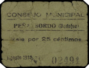 Peñalsordo (Badajoz). Consejo Municipal. 25 céntimos. (KG. 577) (RGH. 4135). Cartón. Escaso. BC-.