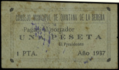Quintana de la Serena (Badajoz). Consejo Municipal. 1 peseta. (KG. 625) (RGH. 4443). Cartón. Muy raro. MBC-.