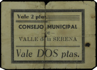 Valle de la Serena (Badajoz). Consejo Municipal. 2 pesetas. (KG. 774) (RGH. 5400). Roturas. Muy raro. (BC).
