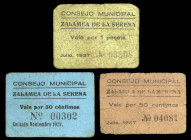 Zalamea de la Serena (Badajoz). Consejo Municipal. 50 céntimos (dos) y 1 peseta. (KG. 838 y 838a) (RGH. 5844a, 5845a y 5847). Julio y noviembre. 3 car...