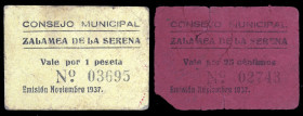 Zalamea de la Serena (Badajoz). Consejo Municipal. 25 céntimos y 1 peseta. (KG. 838a) (RGH. 5846 y 5848). Noviembre. 2 cartones. Raros. BC-/MBC-.