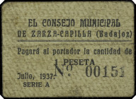 Zarza-Capilla (Badajoz). Consejo Municipal. 1 peseta. (KG. 840) (RGH. 5854). Cartón nº 00151. Rarísimo. MBC-.