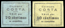Eivissa. San Antonio (Baleares). Colmado Costa. Vale por 10 y 20 céntimos "en comestibles". (T. AN26, nº 50 y 51, mismos ejemplares) (RGH. 2928, sin i...