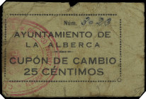 La Alberca (Cuenca). Ayuntamiento. 25 céntimos. (KG. falta) (RGH. 209, sin imagen). Cartón. Muy raro. BC.