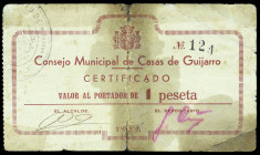 Casas de Guijarro (Cuenca). Consejo Municipal. 1 peseta. (KG. falta) (RGH. 1715). Nº 124. Roto y pegado en la época. Muy raro. BC-.