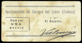 Cervera del Llano (Cuenca). Ayuntamiento. 1 peseta. (KG. 276) (RGH. 1885, sin imagen ni precio). Cartón. Manchitas. Rarísimo. MBC.