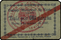 Huete (Cuenca). Consejo Municipal. 1 peseta. (KG. A415) (RGH. 2907). Cartón. Muy raro. BC.
