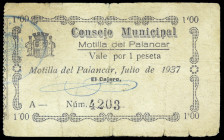 Motilla del Palancar (Cuenca). Consejo Municipal. 1 peseta. (KG. falta) (RGH. 3734). Raro. BC+.