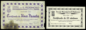 El Pedernoso (Cuenca). Consejo Municipal. 50 céntimos y 1 peseta. (KG. 568 y falta) (RGH. 4080 y 4081). 2 billetes, el de peseta reparado. Raros. BC-/...