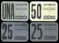 Las Pedroñeras (Cuenca). Ayuntamiento. 25 (dos), 50 céntimos y 1 peseta. (KG. 572) (RGH. 4111, 4112, sin imagen, 4114 y 4115). 4 cartones distintos. R...