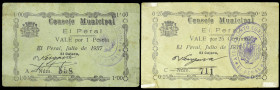 El Peral (Cuenca). Consejo Municipal. 25 céntimos y 1 peseta. (KG. falta) (RGH. 4145, sin imagen y 4147). 2 billetes. Muy raros. MBC-/MBC.