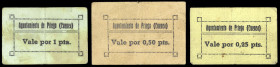Priego (Cuenca). Ayuntamiento. 25, 50 céntimos y 1 peseta. (KG. 605) (RGH. 4298 a 4300). 3 billetes, todos los de la localidad. Raros. BC+/MBC.