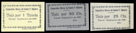 Fuente de Pedro Naharro (Cuenca). Cooperativa Obrera. 25, 50 céntimos y 1 peseta. (KG. 368) (RGH. 2554, sin imagen, 2555 y 2556). Muy raros. EBC/EBC+....