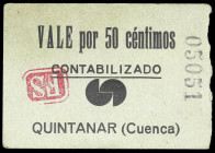 Quintanar (Cuenca). Alcaldía (de Quintanar del Rey). 50 céntimos. (KG. 626a) (RGH. 4444). Cartón mal cortado. Muy raro. MBC+.