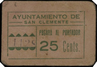 San Clemente (Cuenca). Ayuntamiento. 25 céntimos. (KG. 673) (RGH. 4668). Cartón. Raro. MBC-.