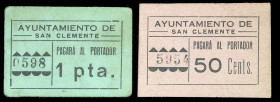 San Clemente (Cuenca). Ayuntamiento. 50 céntimos y 1 peseta. (KG. 673) (RGH. 4669 y 4670). 2 cartones. Raros. MBC+/EBC.