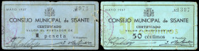 Sisante (Cuenca). Consejo Municipal. 50 céntimos y 1 peseta. (KG. 706 y falta) (RGH. 4877 y 4878). 2 billetes, serie completa. Muy raros. BC+/MBC-.