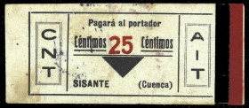 Sisante (Cuenca). Sindicato de Oficios Varios. C.N.T. - A.I.T. 25 céntimos. (KG. 706a) (RGH. 4879). Rarísimo. MBC-.