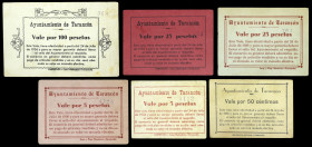 Tarancón (Cuenca). Ayuntamiento. 50 céntimos, 5 (dos), 25 (dos) y 100 pesetas. (KG. 721). 6 billetes distintos. A la vista de estos ejemplares, la opi...