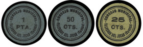 Valverde del Júcar (Cuenca). Consejo Municipal. 25, 50 céntimos y 1 peseta. (KG. 771) (RGH. 5415 a 5417). 3 cartones redondos, serie completa. Raros. ...