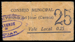 Valverde del Júcar (Cuenca). Consejo Municipal. 25 céntimos. (KG. falta) (RGH. 5413). Raro. MBC-.