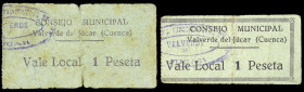 Valverde del Júcar (Cuenca). Consejo Municipal. 1 peseta (dos). (KG. 771a y falta) (RGH. 5414 y falta). 2 billetes distintos. Raros. BC-/MBC-.