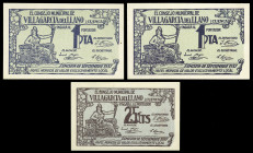 Villagarcía del Llano (Cuenca). Consejo Municipal. 25 céntimos y 1 peseta (dos). (KG. 791) (RGH. 5537 y 5538). 3 billetes, una serie completa. Escasos...