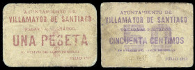 Villamayor de Santiago (Cuenca). Ayuntamiento. 50 céntimos y 1 peseta. (KG. 800) (RGH. 5589 y 5590). 2 cartones. Muy raros. MBC-/MBC.