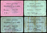 Villanueva de la Jara (Cuenca). Consejo Municipal. 25 (dos), 50 céntimos y 1 peseta. (KG. 806) (RGH. 5642, 5642 var, 5643 y 5644). 4 billetes, serie c...
