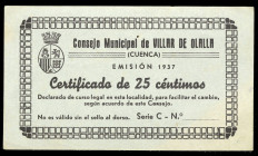 Villar de Olalla (Cuenca). Consejo Municipal. 25 céntimos. (KG. 814) (RGH. 5704, sin imagen). Punto de aguja. Raro. EBC-.