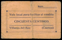 Villares del Saz (Cuenca). Tejidos, Paquetería, Ferretería y Coloniales. Justiniano Hernaiz. 50 céntimos. (KG. falta) (RGH. 5712). Cartón. Rarísimo. B...