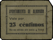 Albondón (Granada). Ayuntamiento. 25 céntimos. (KG. 37) (RGH. 227 sin imagen). Cartón. Una esquina rota. Muy raro. BC+.