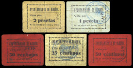 Albuñol (Granada). Ayuntamiento. 25, 50 céntimos (dos), 1 y 2 pesetas. (KG. 40) (RGH. 253, 254, 254 var, 255 y 256). 5 cartones, serie completa. Raros...
