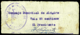 Aldeire (Granada). Consejo Municipal. 25 céntimos. (KG. 65) (RGH. 433 sin imagen ni precio). Escrito a máquina con firma y tampón. Muy raro. MBC-.