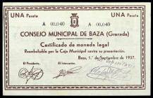 Baza (Granada). Consejo Municipal. 1 peseta. (KG. 132b) (RGH. 907). Septiembre. Serie A. Nº 00.040. MBC+.